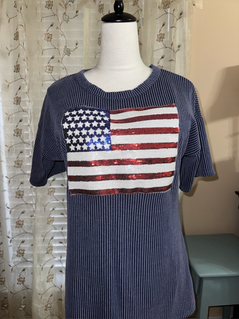 NWOT Heimish Cornflower Blue Thick Ribbed Tee with Sequined American Flag size S